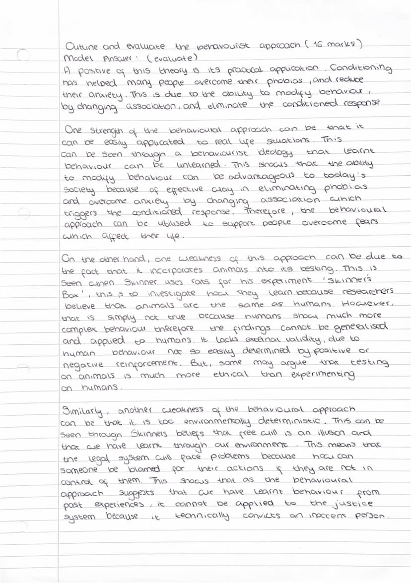 Outline Para
2
Outline and evaluate the behaviourist approach (16 marks).
model
Anscuer: (Outline)
The behavioural approach assumes that hum