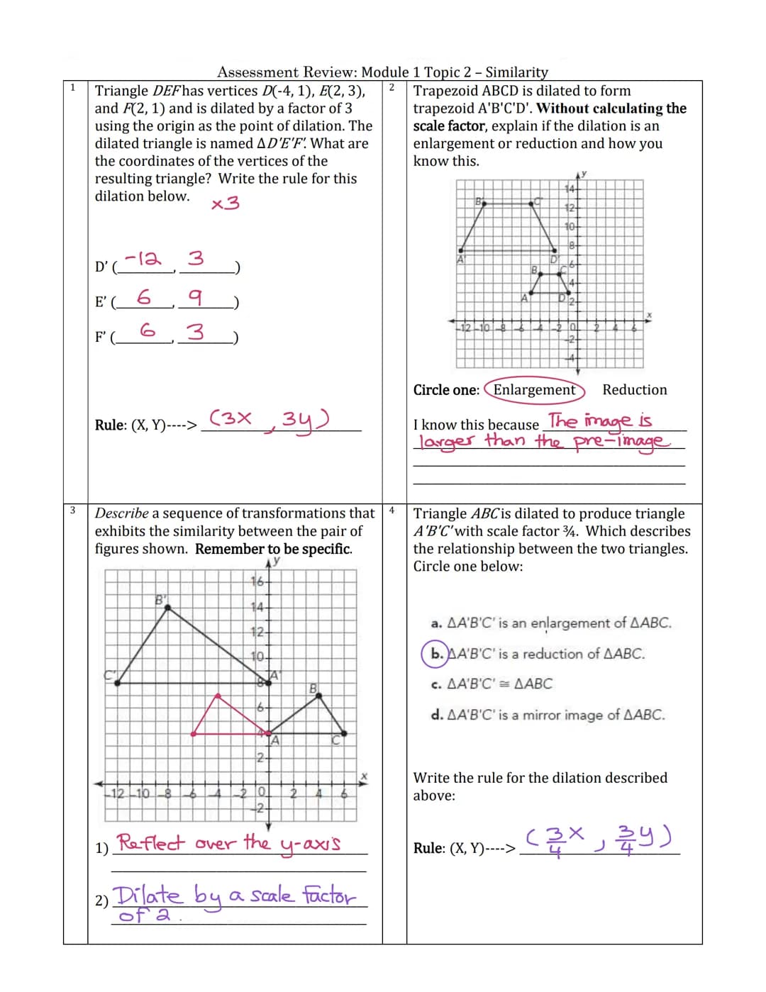 1
3
Triangle DEFhas vertices D(-4,1), E(2, 3),
and F(2, 1) and is dilated by a factor of 3
using the origin as the point of dilation. The
di