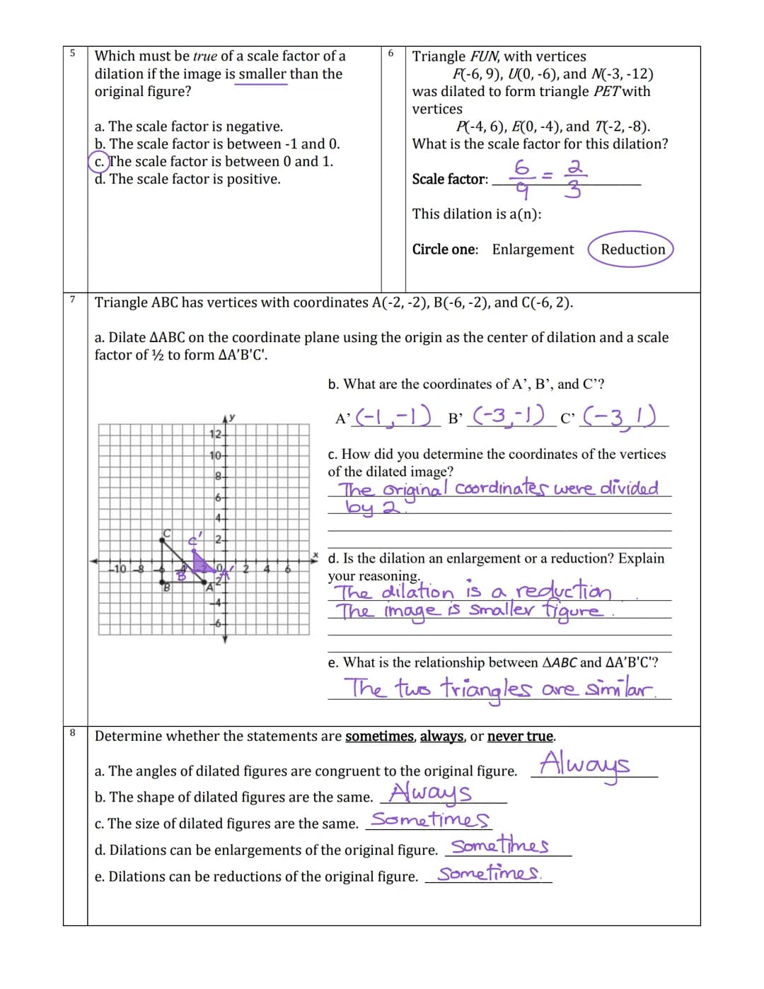 1
3
Triangle DEFhas vertices D(-4,1), E(2, 3),
and F(2, 1) and is dilated by a factor of 3
using the origin as the point of dilation. The
di