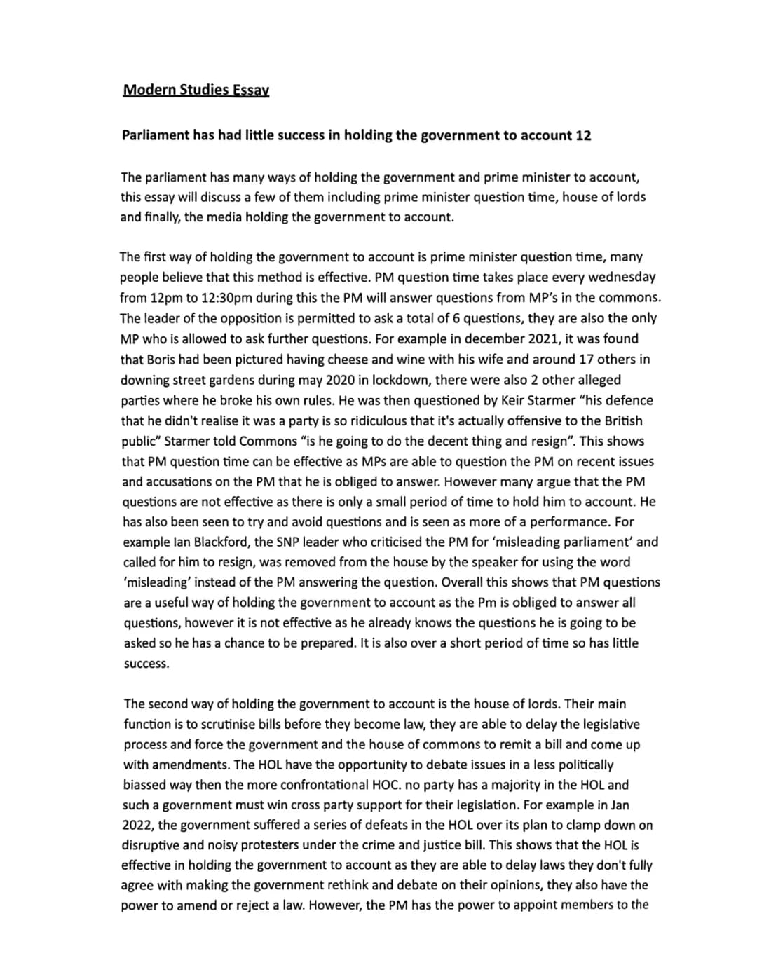 How Parliament Holds The Government to Account: Simple Modern Studies Examples