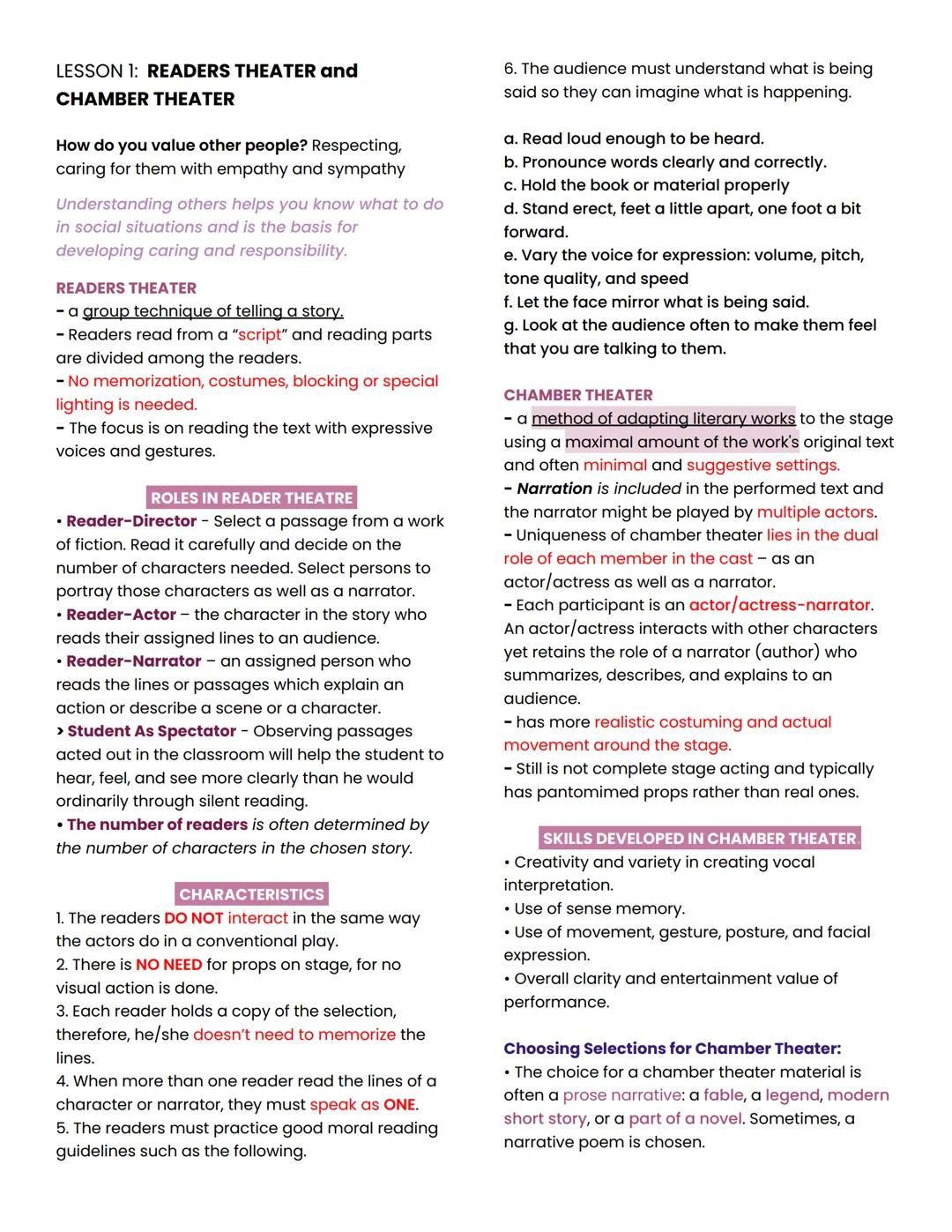 LESSON 1: READERS THEATER and
CHAMBER THEATER
How do you value other people? Respecting,
caring for them with empathy and sympathy
Understan