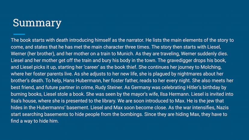 The Book Thief
By: Markus Zusak
Presentation by: Kate Bicalho Summary
The book starts with death introducing himself as the narrator. He lis