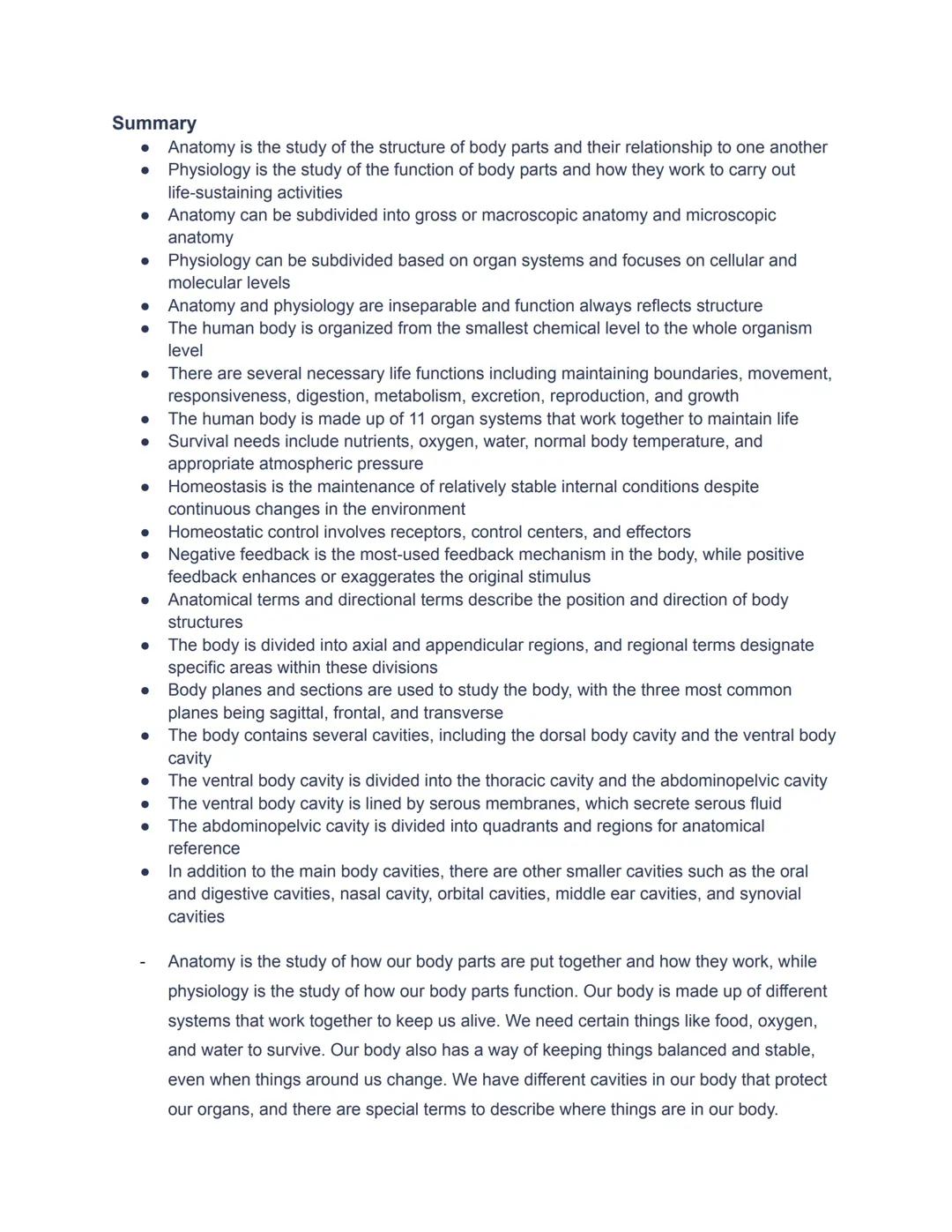 Anatomy and Physiology: The Human Body Summary 