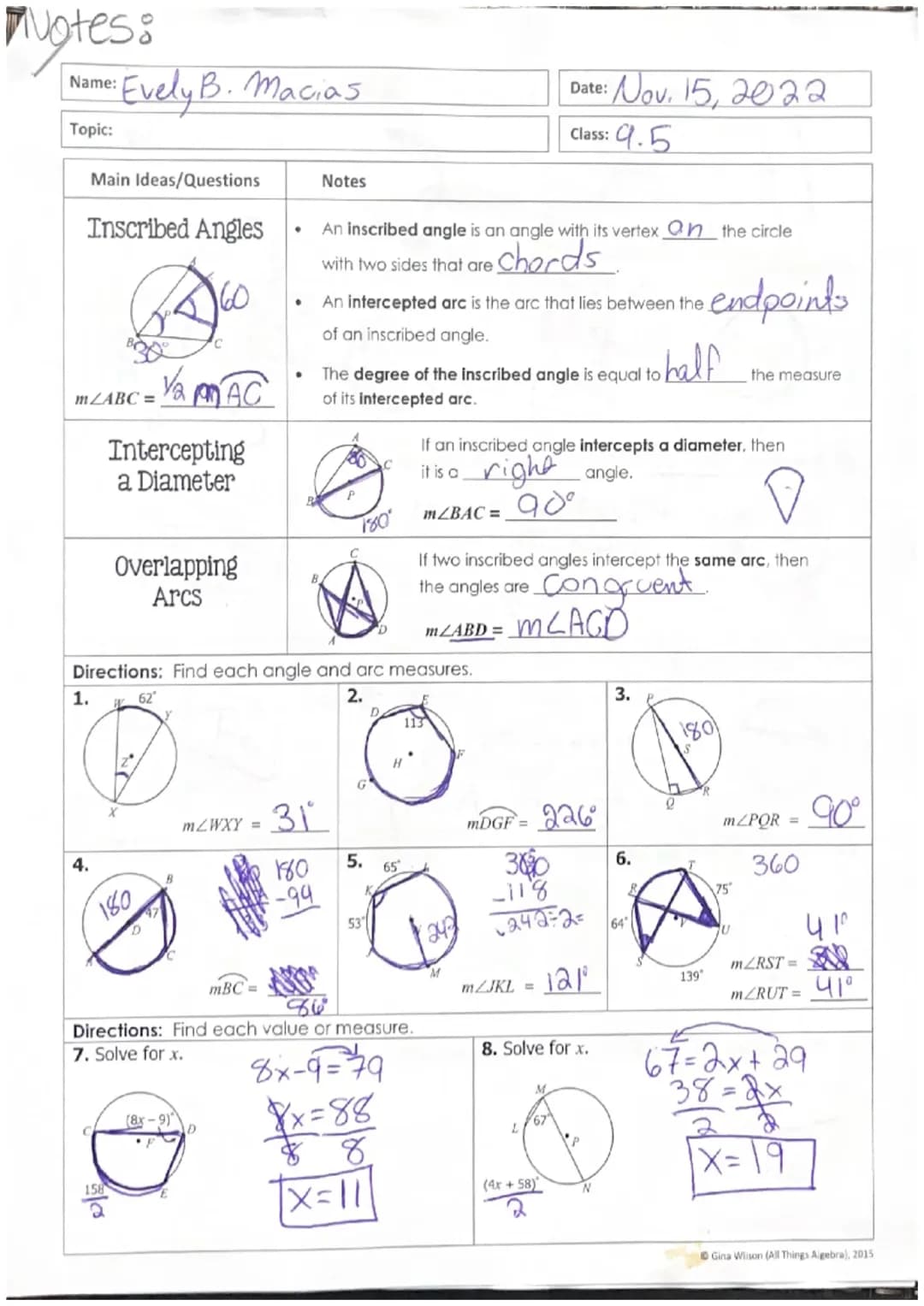 Inscribed Angles, Intercepting a Diameter, Overlapping Arcs, and Inscribed Quadrilaterals
