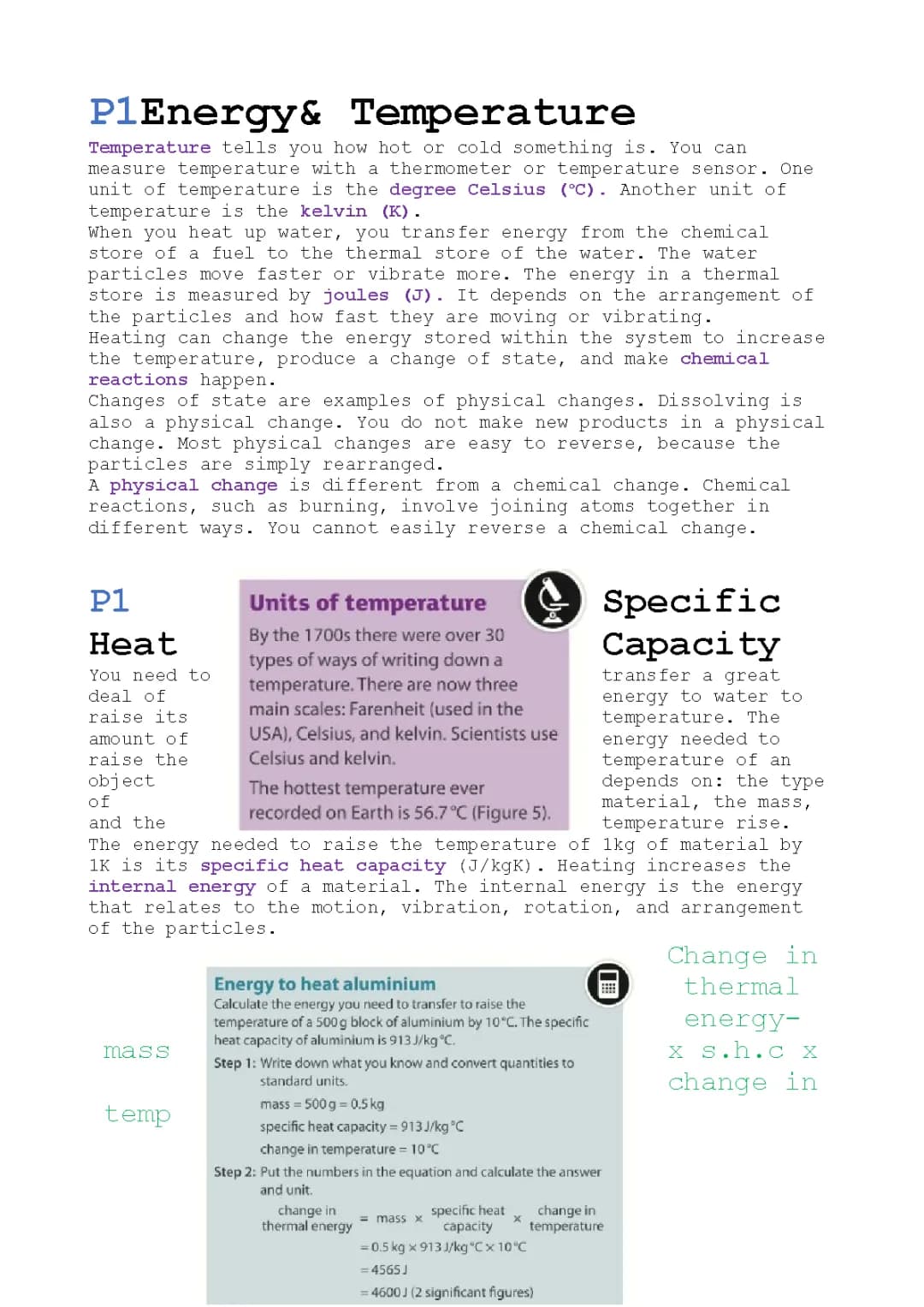 Energy and Temperature and Specific Heat Capacity Notes