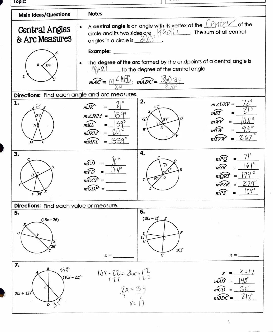 Central angles and arce measures