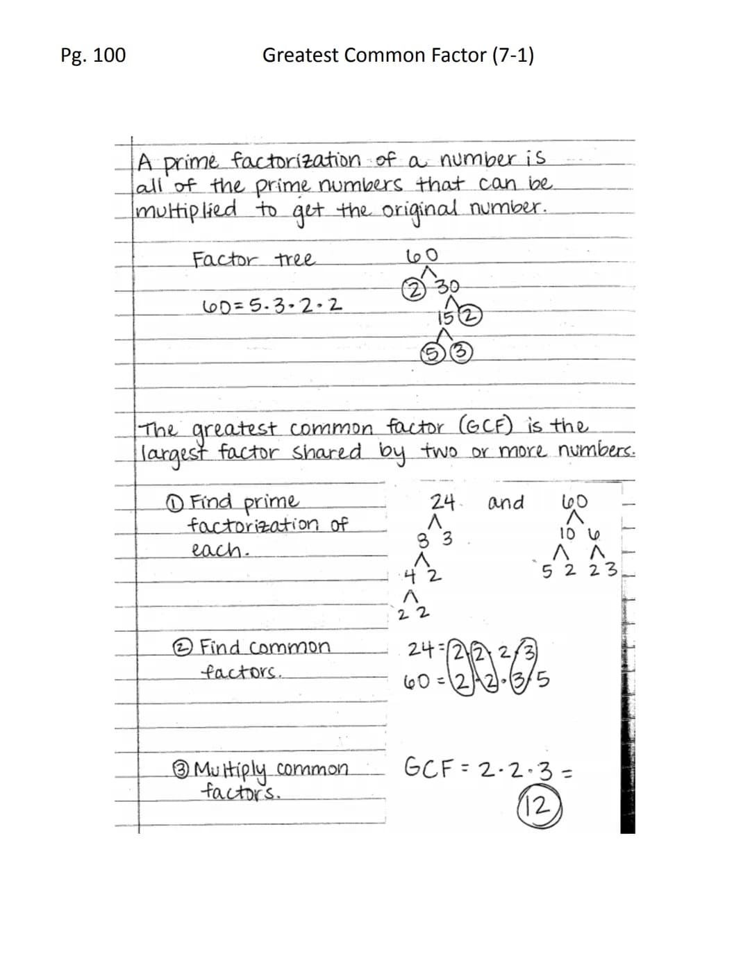 Pg. 100
Greatest Common Factor (7-1)
A prime factorization of a number is
all of the prime numbers that can be
multiplied to get the origina