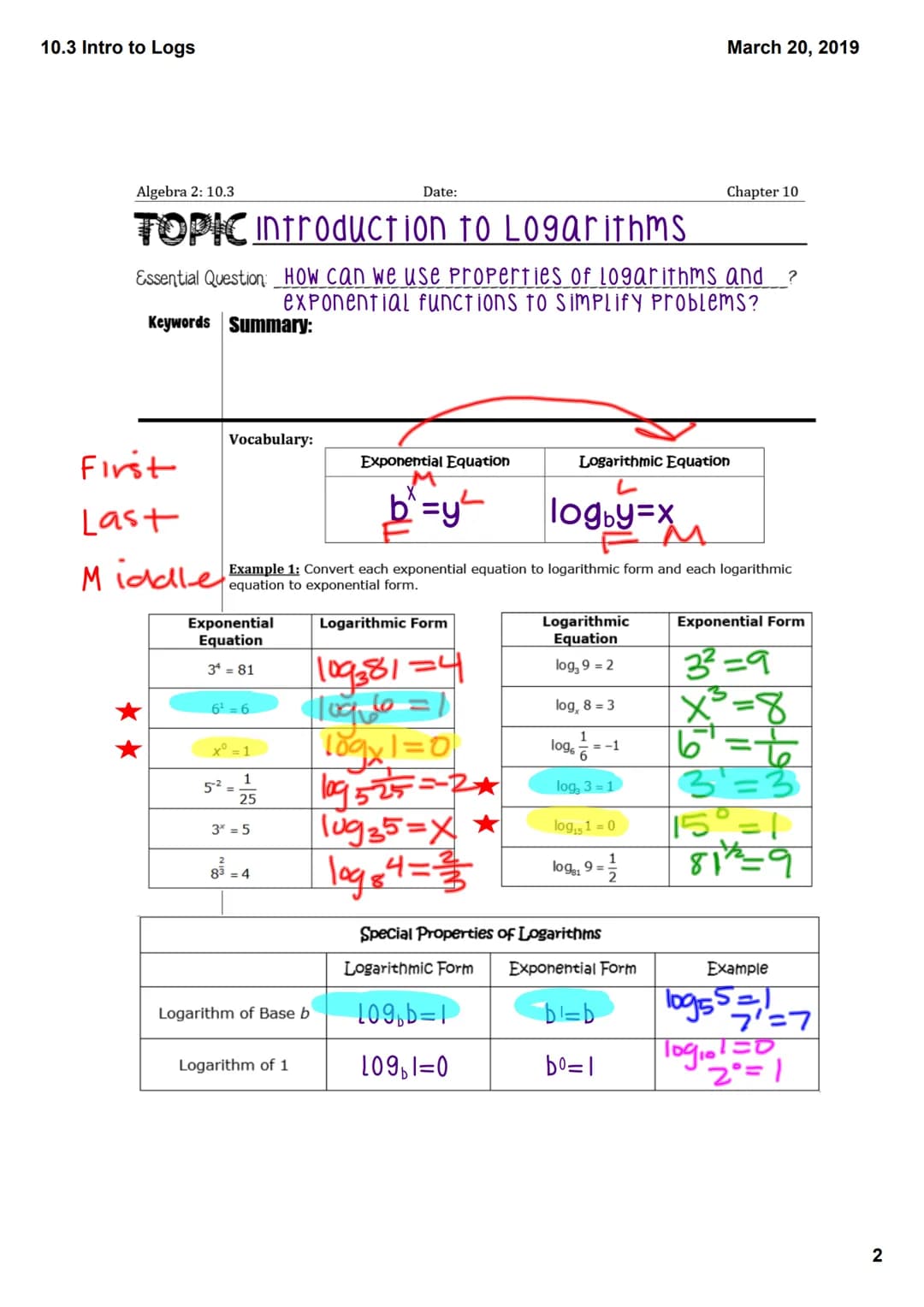 10.3 Intro to Logs
warm up: Complete the following tables. (Turn all
decimals into fractions by hitting math enter enter.)
2² 4 3² 9
4² 14
5