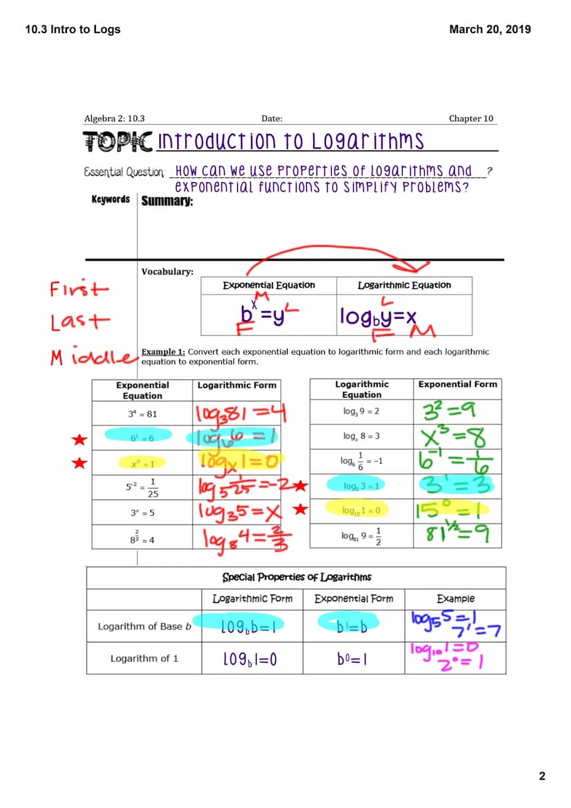 10.3 Intro to Logs
warm up: Complete the following tables. (Turn all
decimals into fractions by hitting math enter enter.)
2² 4 3² 9
4² 14
5