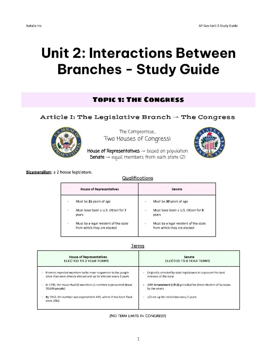 Unit 2: Interactions Among Branches of Government Study Guide and Review