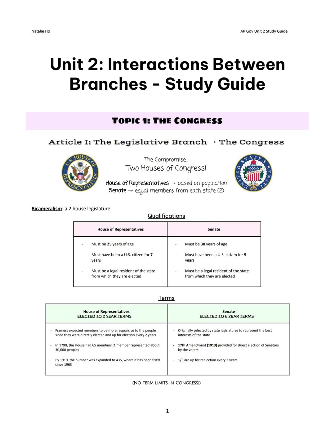 Natalie Ho
Between
Unit 2: Interactions
Branches Study Guide
Article I: The Legislative Branch → The Congress
HOUSE OF
U.S.
ENTATIVES
TOPIC 