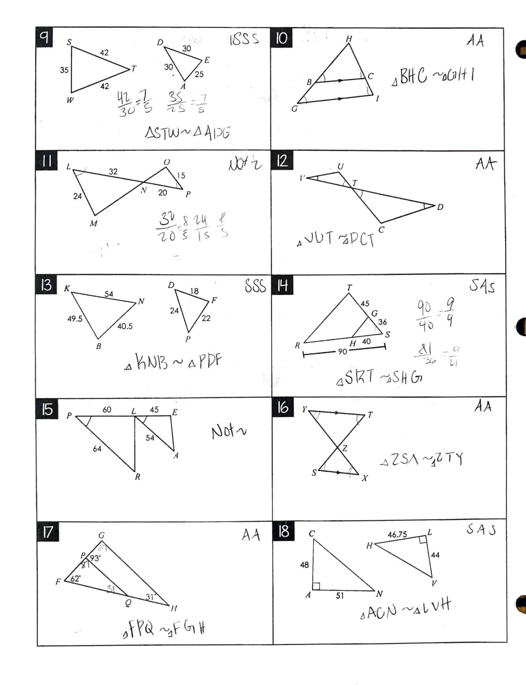 5
ARE WE SIMILAR
Directions: Determine whether the triangles are similar. If similar, state how (AA-, SSS-,
or SAS-), and write a similarity