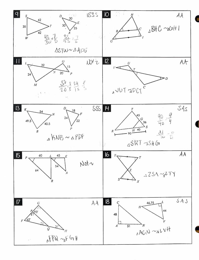 5
ARE WE SIMILAR
Directions: Determine whether the triangles are similar. If similar, state how (AA-, SSS-,
or SAS-), and write a similarity