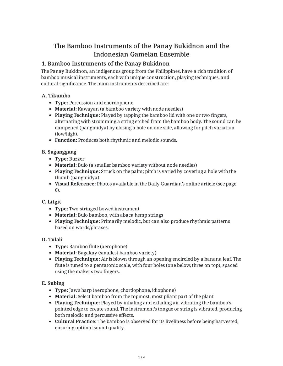 The Bamboo Instruments of the Panay Bukidnon and the
Indonesian Gamelan Ensemble
1. Bamboo Instruments of the Panay Bukidnon
The Panay Bukid