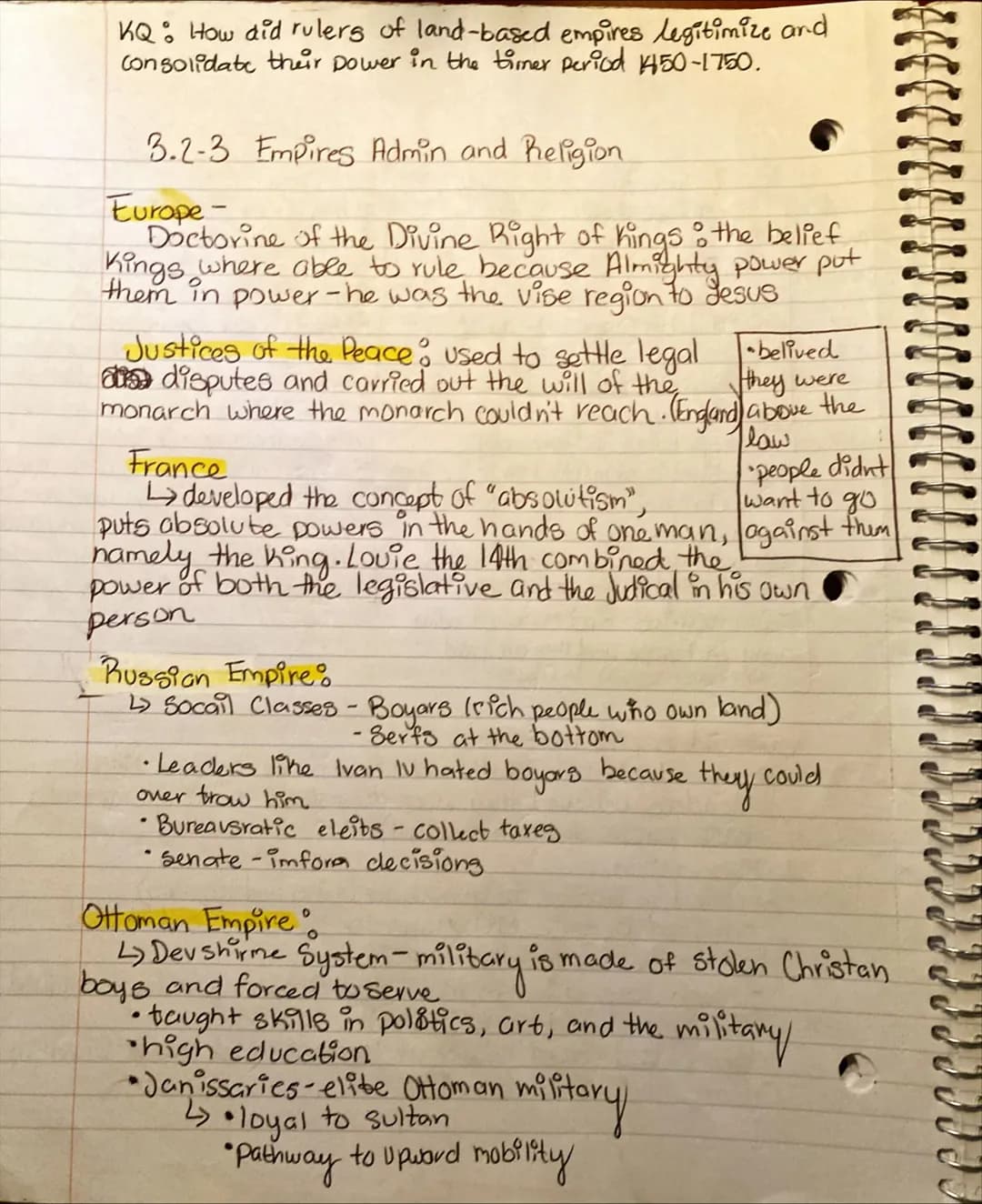 KQ: How did rulers of land-based empires legitimize and
Consolidate their power in the timer period 1450-1750.
3.2-3 Empires Admin and Relig