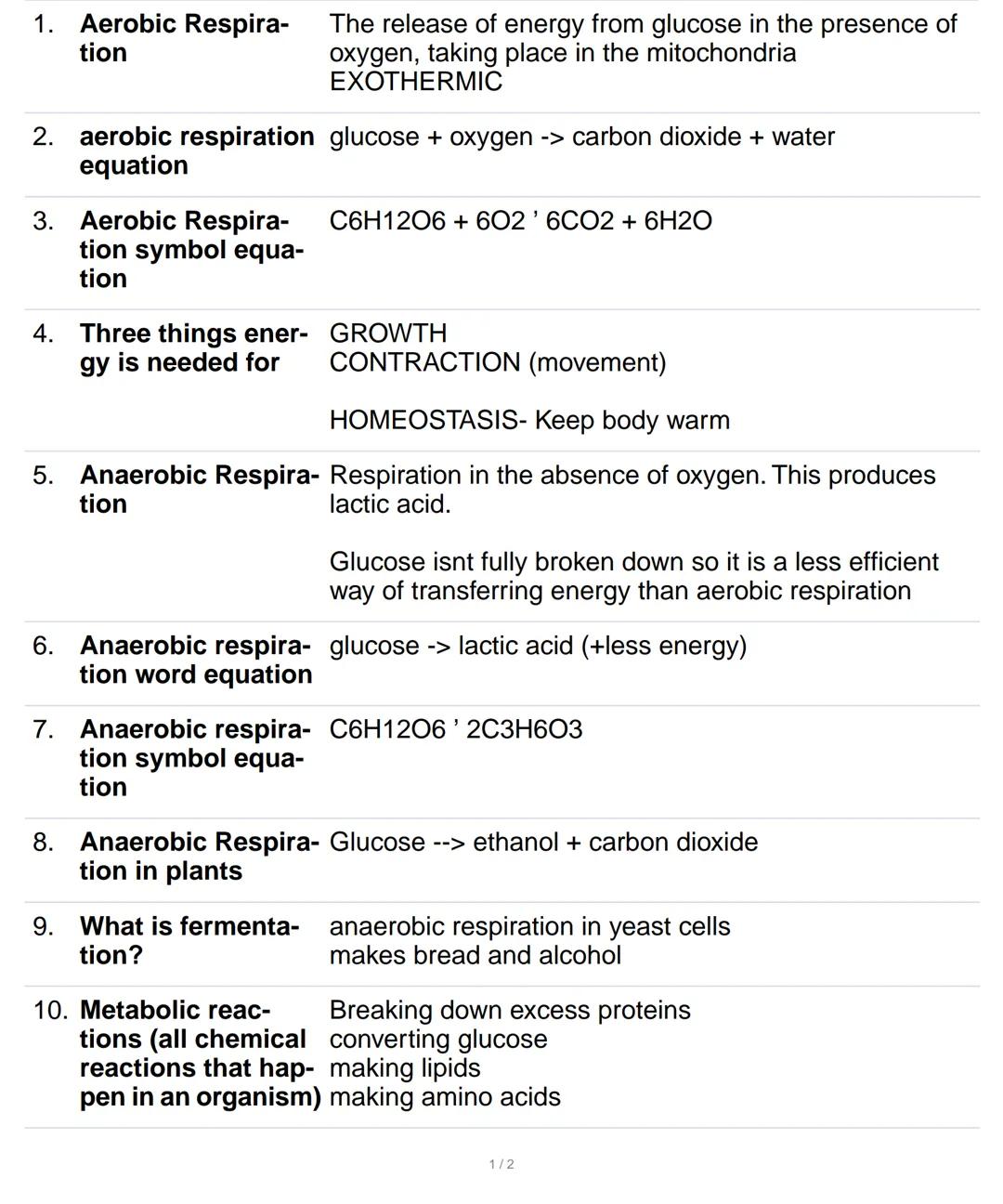 1. Aerobic Respira-
tion
2. aerobic respiration glucose + oxygen -> carbon dioxide + water
equation
3. Aerobic Respira-
tion symbol equa-
ti
