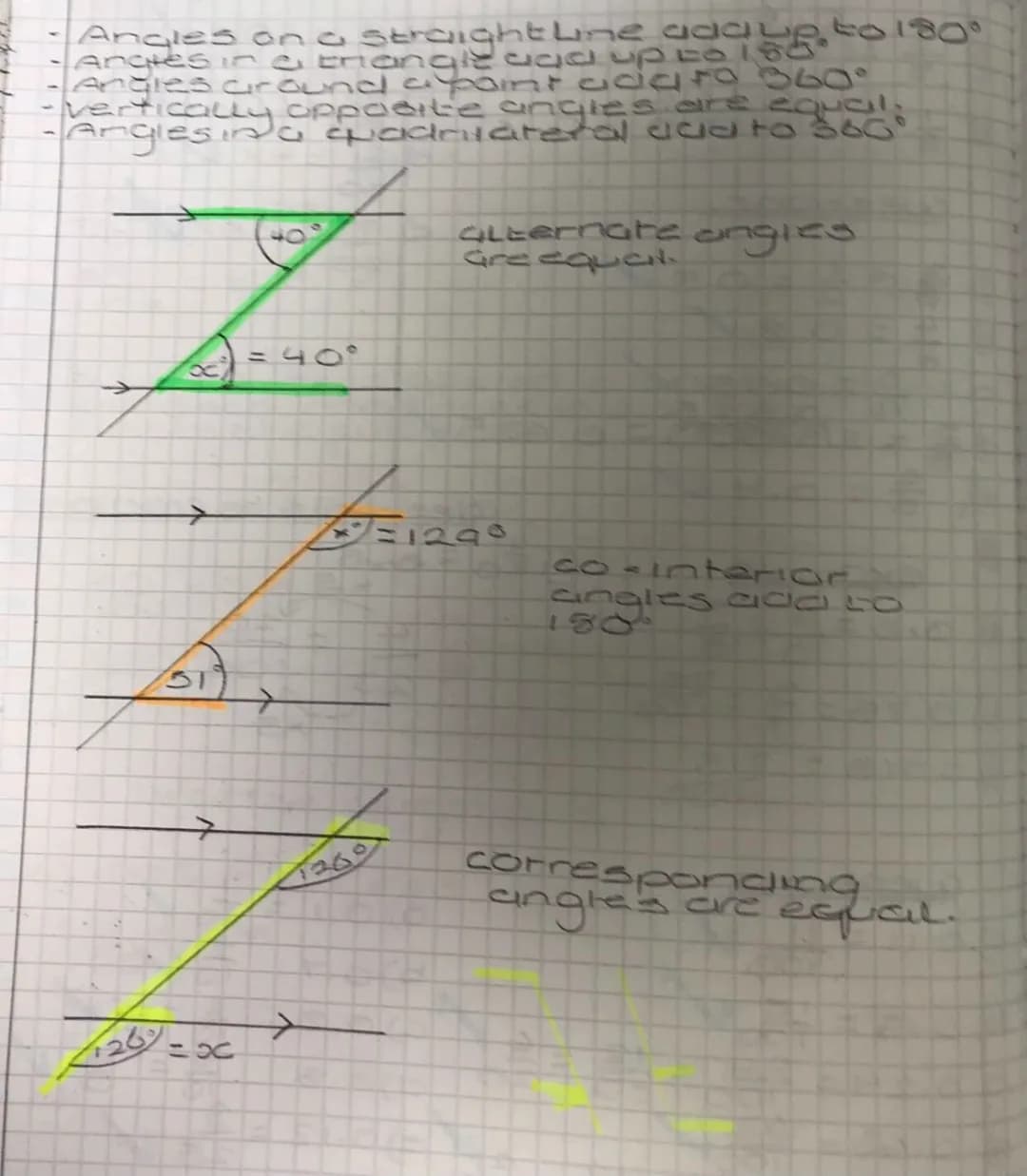 Angles on a straight line adau to 180°
a
Angles around a pont adat 360°
vertically opposite angles are equal.
·Anglesina quadriateral ddd to