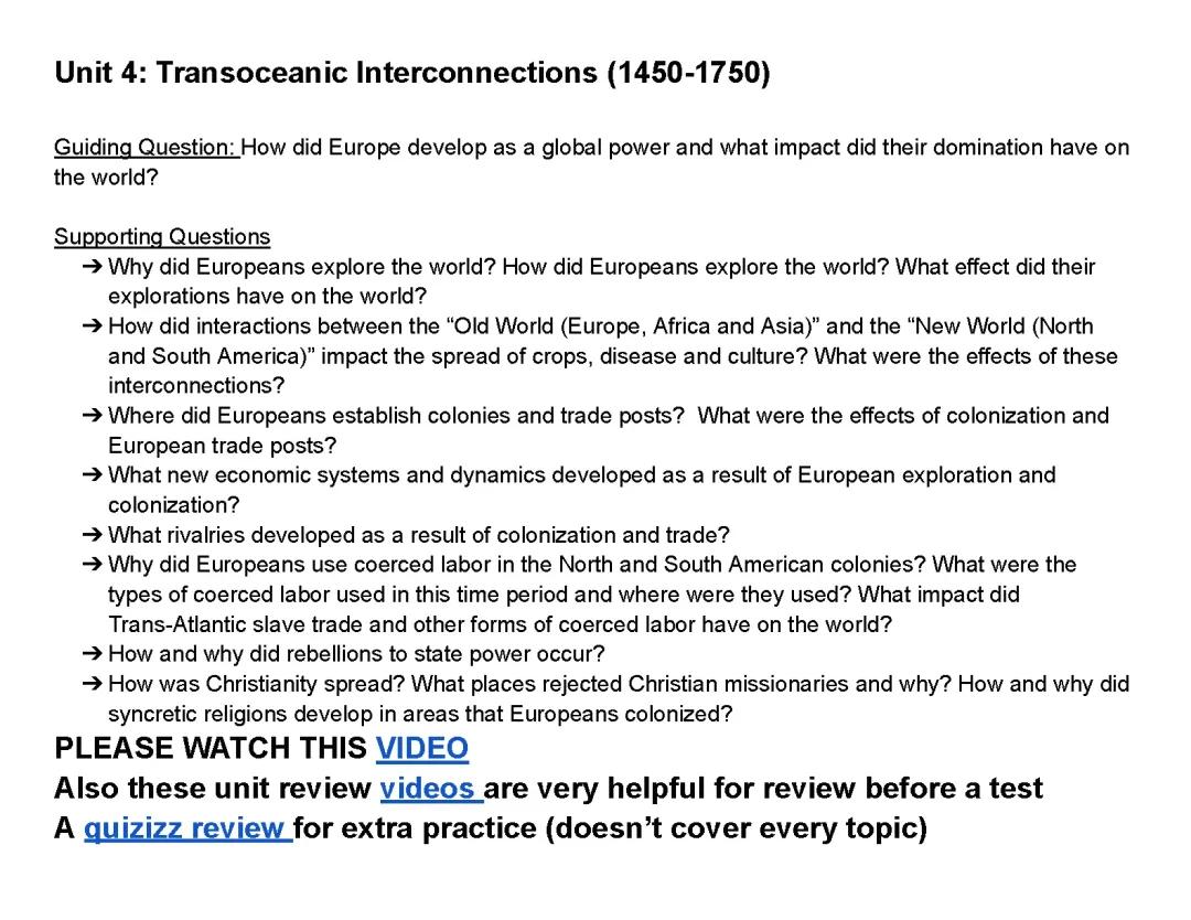 Impacts of European Exploration and Colonization: Unit 4 Study Guide