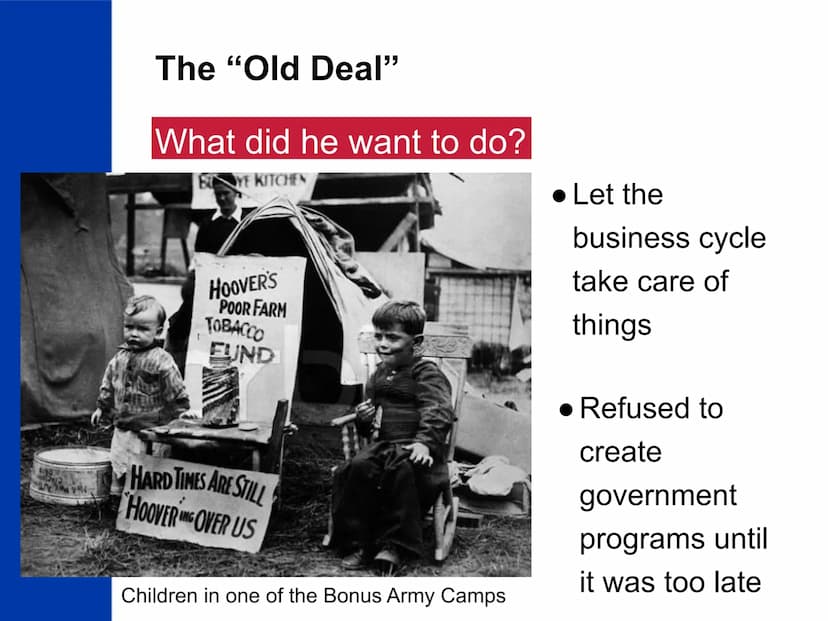 The New Deal
US History
SAVED
HE
AMERICA The "Old Deal"
What?
● President
Hoover's
reaction to the
Great
Depression
1
IS.
President Herbert 