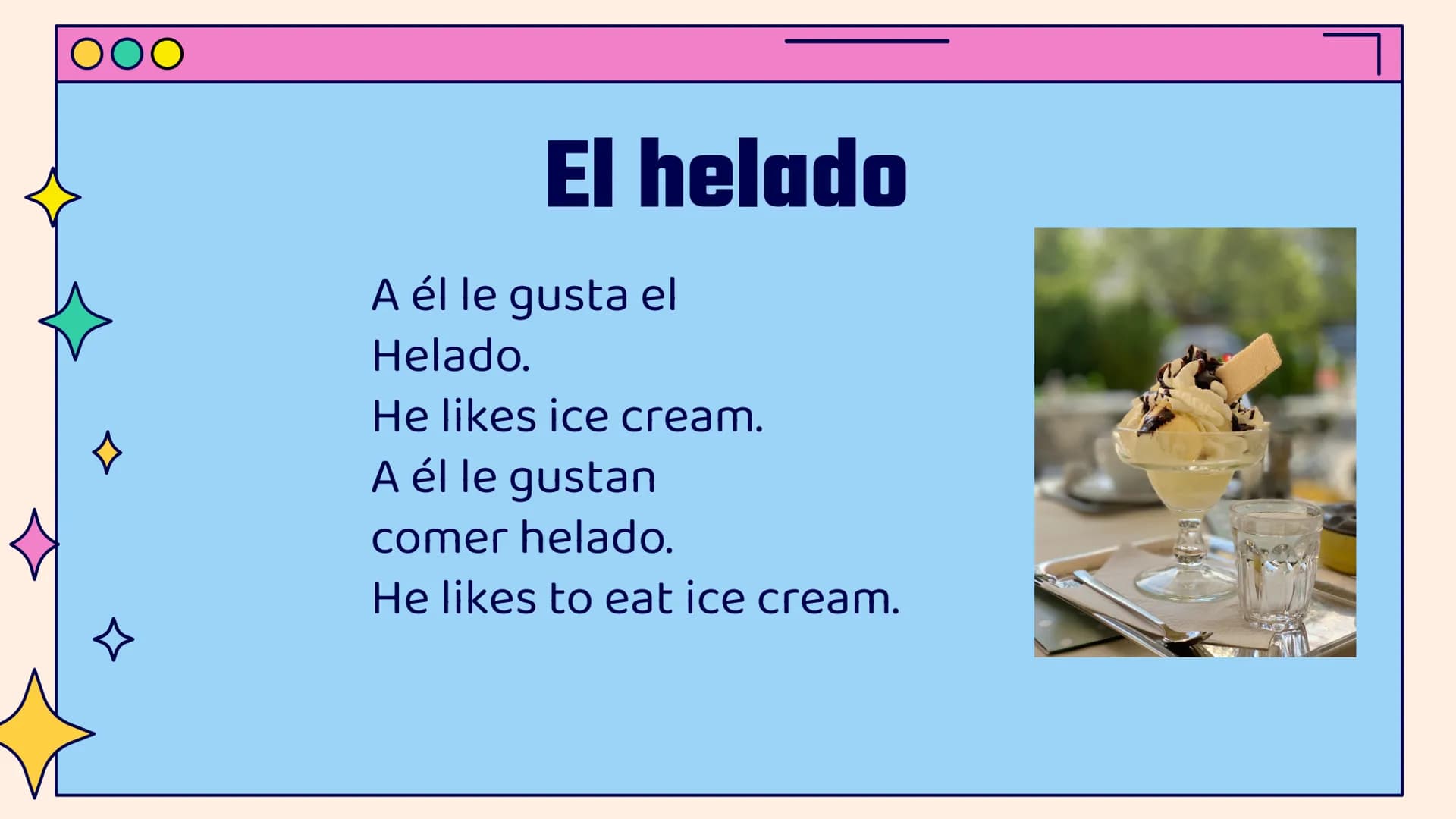 OO
ㅁ
ㅁ
»
Gustar
Practice
Vamos a practicar
☆ 00
←
☆
Directions
Please complete the
sentences using the correct
pronouns and forms of gustar.