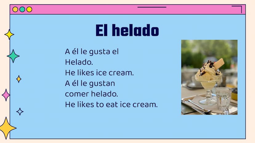 OO
ㅁ
ㅁ
»
Gustar
Practice
Vamos a practicar
☆ 00
←
☆
Directions
Please complete the
sentences using the correct
pronouns and forms of gustar.