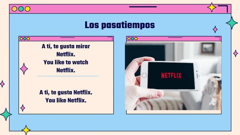 OO
ㅁ
ㅁ
»
Gustar
Practice
Vamos a practicar
☆ 00
←
☆
Directions
Please complete the
sentences using the correct
pronouns and forms of gustar.