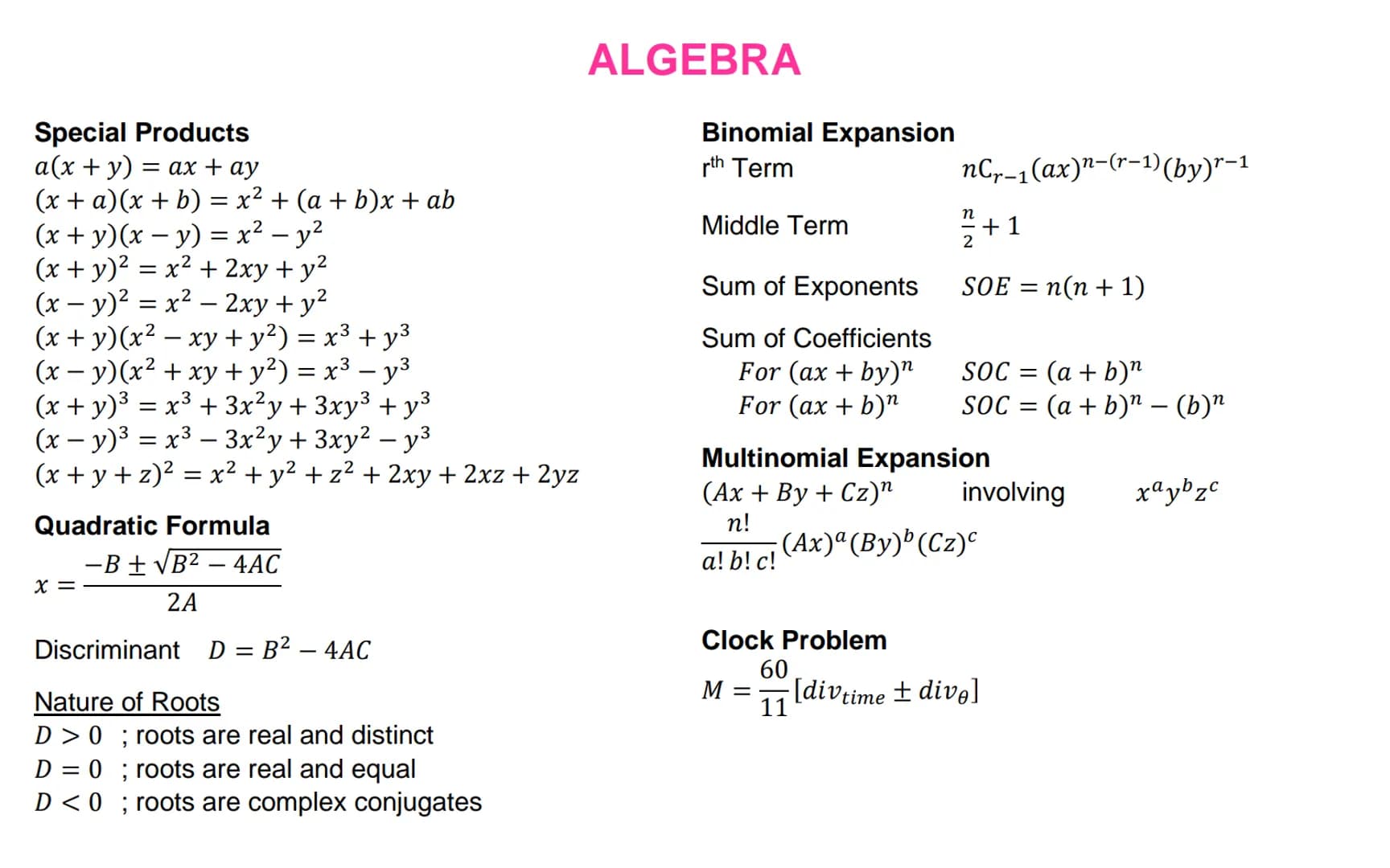 Special Products
a(x + y) = ax + ay
(x + a)(x + b) = x² + (a + b)x + ab
(x+y)(x - y) = x² - y²
(x + y)² = x² + 2xy + y²
(x - y)² = x² - 2xy 