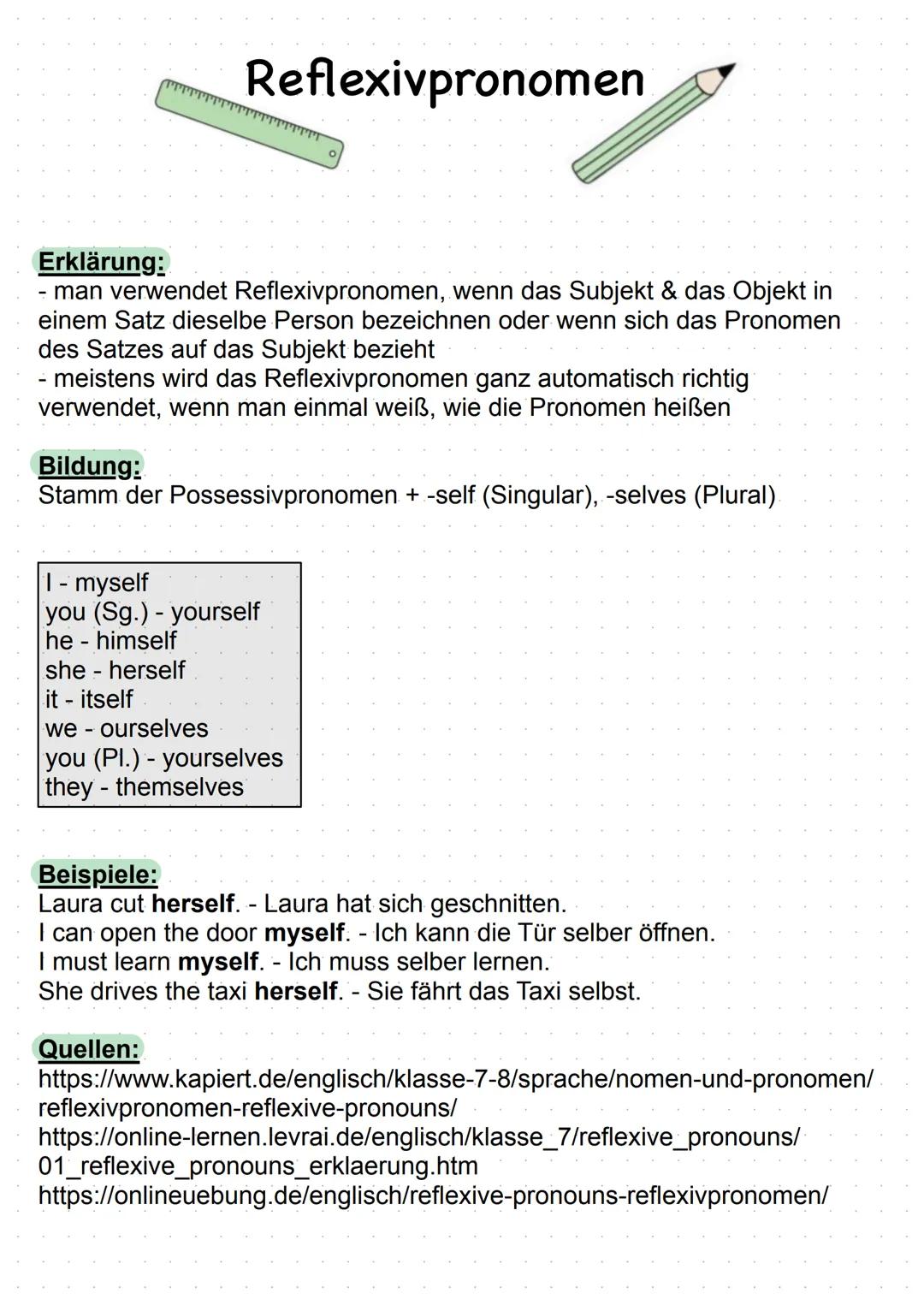 # Reflexivpronomen

Erklärung:
- man verwendet Reflexivpronomen, wenn das Subjekt & das Objekt in
einem Satz dieselbe Person bezeichnen oder