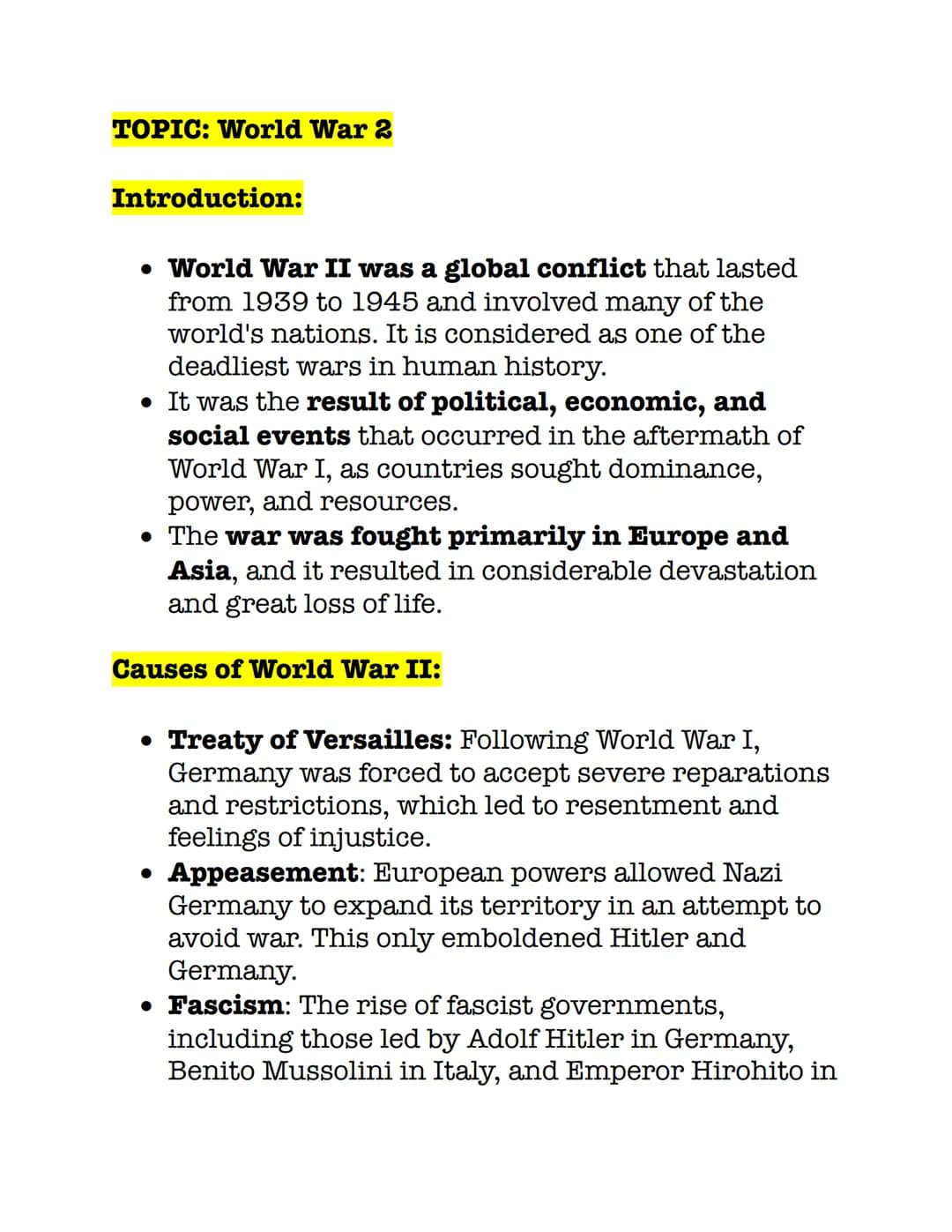 TOPIC: World War 2
Introduction:
• World War II was a global conflict that lasted
from 1939 to 1945 and involved many of the
world's nations