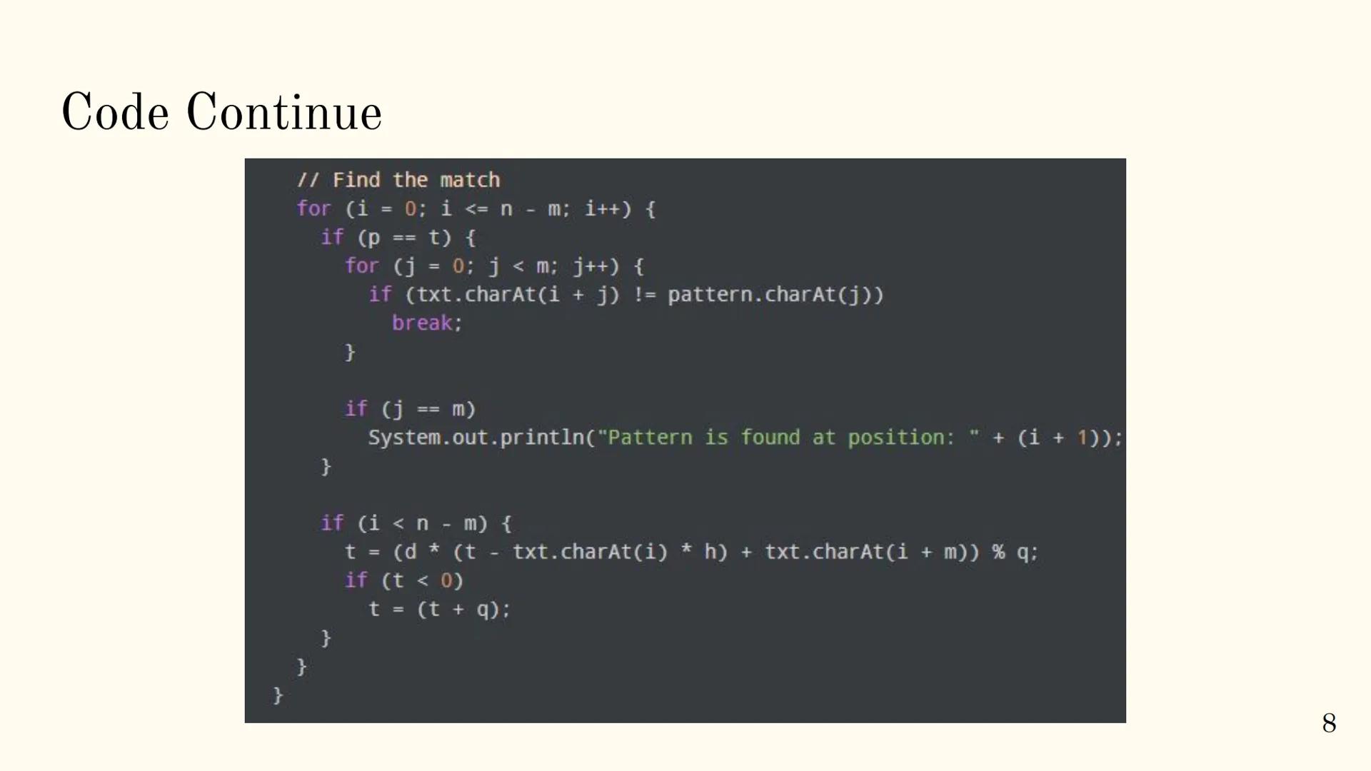 Rabin Karp Algorithm
1 Overview
The Rabin-Karp algorithm is a string matching algorithm used to find patterns
within a text using a hashing 