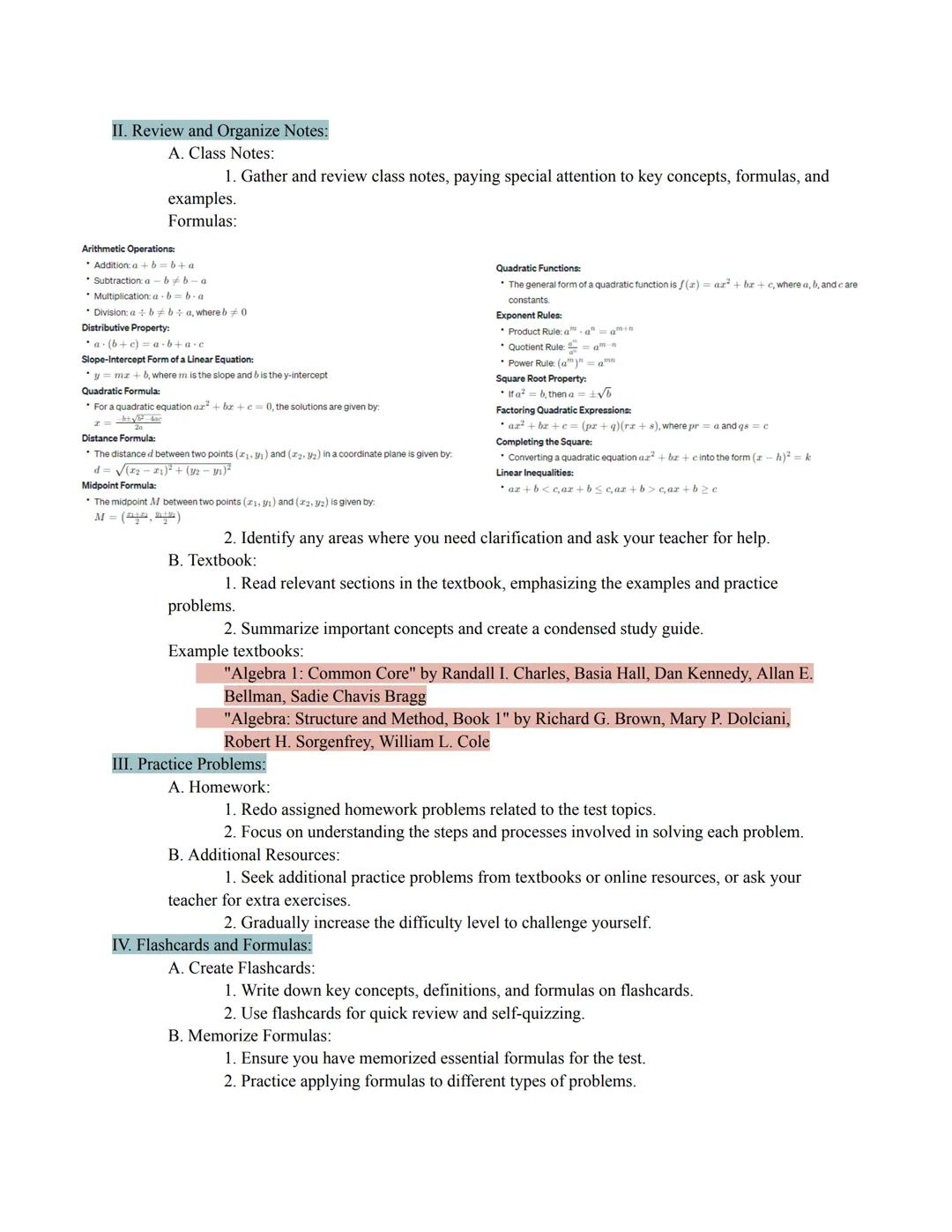 I. Overview:
A. Understand the Format:
1. Identify the types of questions that may appear (e.g., multiple-choice, short answer,
problem-solv