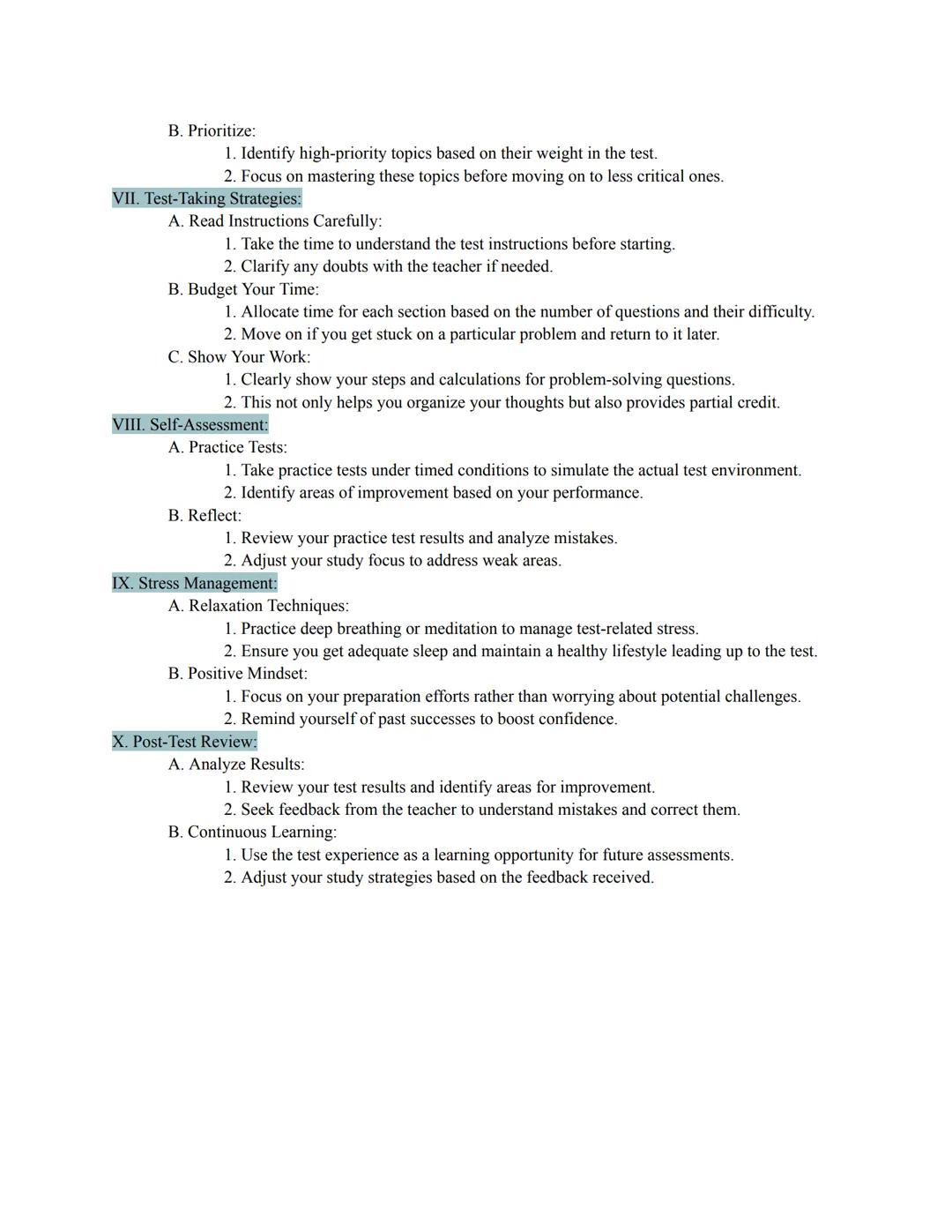 I. Overview:
A. Understand the Format:
1. Identify the types of questions that may appear (e.g., multiple-choice, short answer,
problem-solv