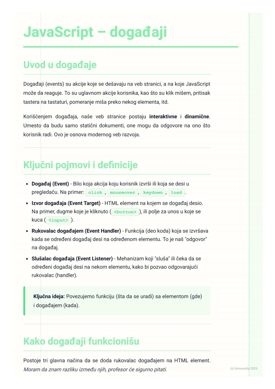 # JavaScript - događaji

Uvod u događaje

Događaji (events) su akcije koje se dešavaju na veb stranici, a na koje JavaScript
može da reaguje