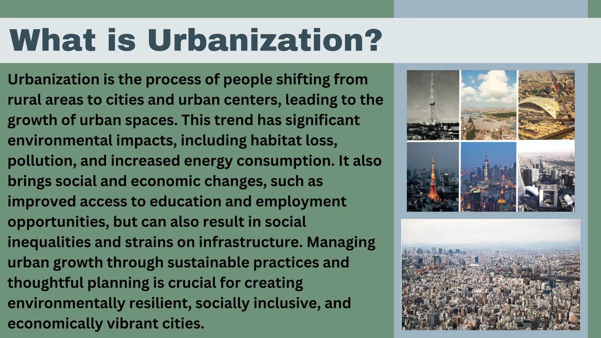 Urbanization
Kate Seiple
II
|||||
IIIII
I What is Urbanization?
Urbanization is the process of people shifting from
rural areas to cities an