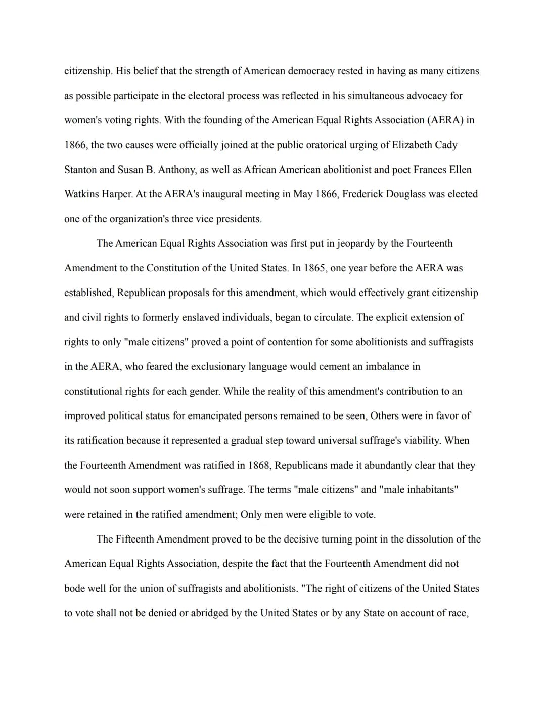 Frederick Douglass's Position on Women's Rights
Communities of abolitionists readily took up the cause of universal suffrage and
demanded en