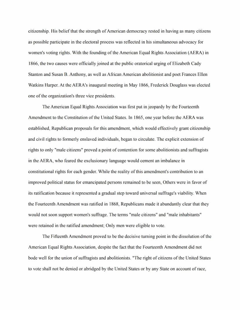 Frederick Douglass's Position on Women's Rights
Communities of abolitionists readily took up the cause of universal suffrage and
demanded en