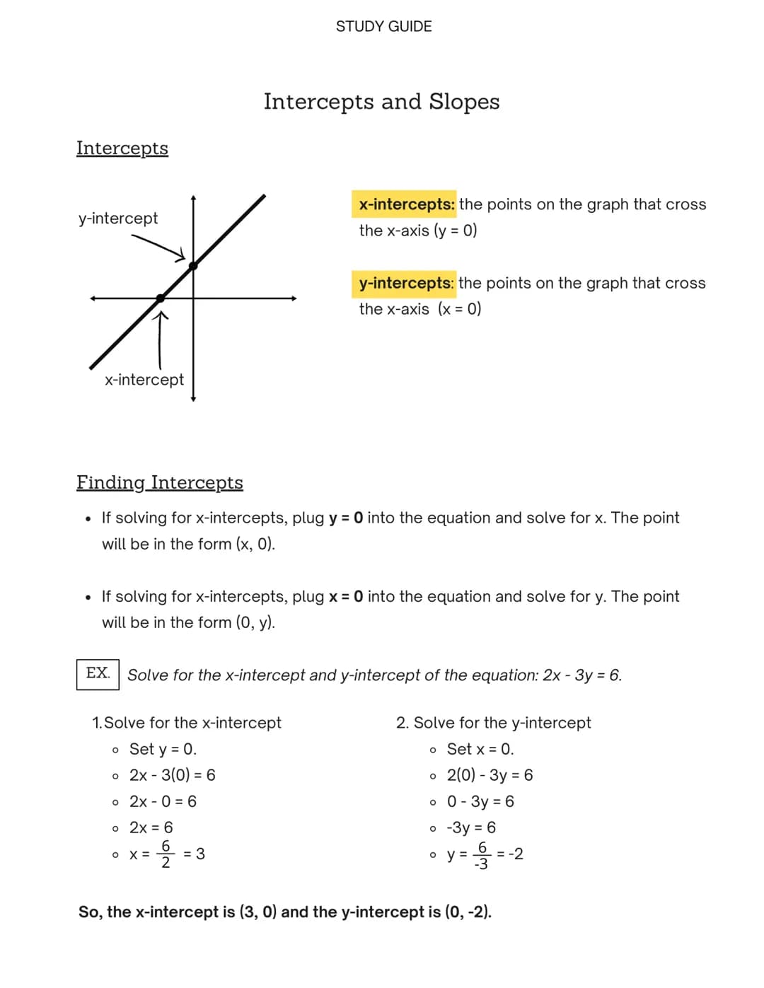 Intercepts
y-intercept
N
x-intercept
Intercepts and Slopes
STUDY GUIDE
Finding
Intercepts
●
If solving for x-intercepts, plug y = 0 into the