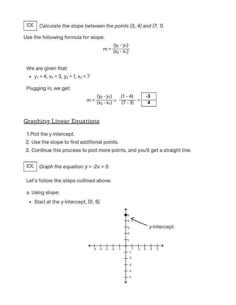 Intercepts
y-intercept
N
x-intercept
Intercepts and Slopes
STUDY GUIDE
Finding
Intercepts
●
If solving for x-intercepts, plug y = 0 into the