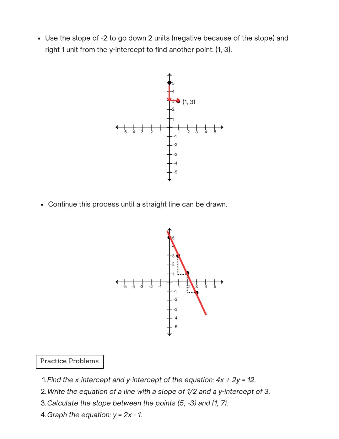 Intercepts
y-intercept
N
x-intercept
Intercepts and Slopes
STUDY GUIDE
Finding
Intercepts
●
If solving for x-intercepts, plug y = 0 into the