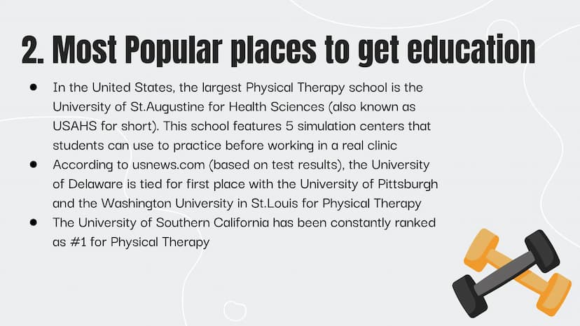 Physical Therapist
Presentation
By: Megan C
0 CONTENTS
Here's what you'll find in this presentation!
1. Required Education for this field
2.
