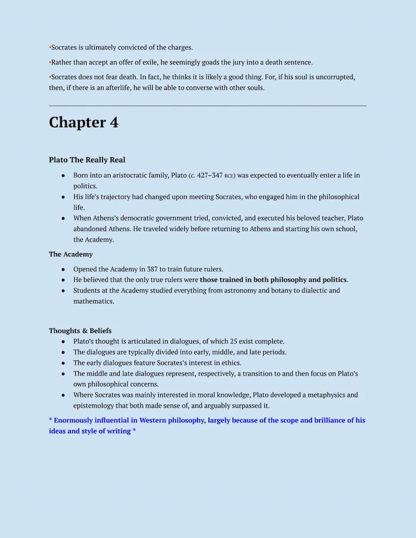 Intro to Philsophy
Notes Chapters 3-5
Chapter 3
Socrates (c. 469-399 BCE)
- Never wrote anything. Most of what we know about him comes from 