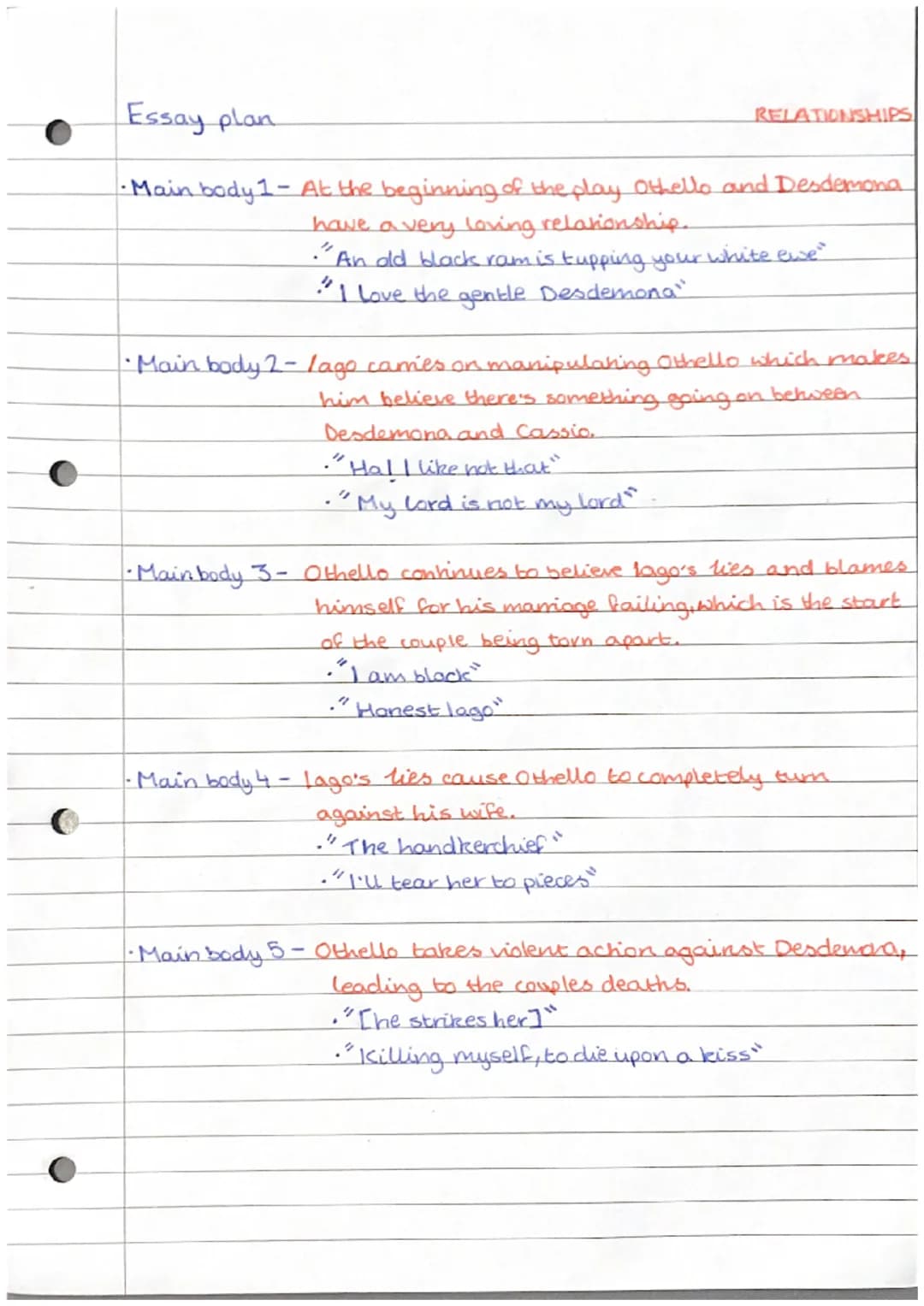 C
Essay plan
· Main body 1 - At the beginning of the play Othello and Desdemona
have a very loving relationship.
An old black ram is tupping