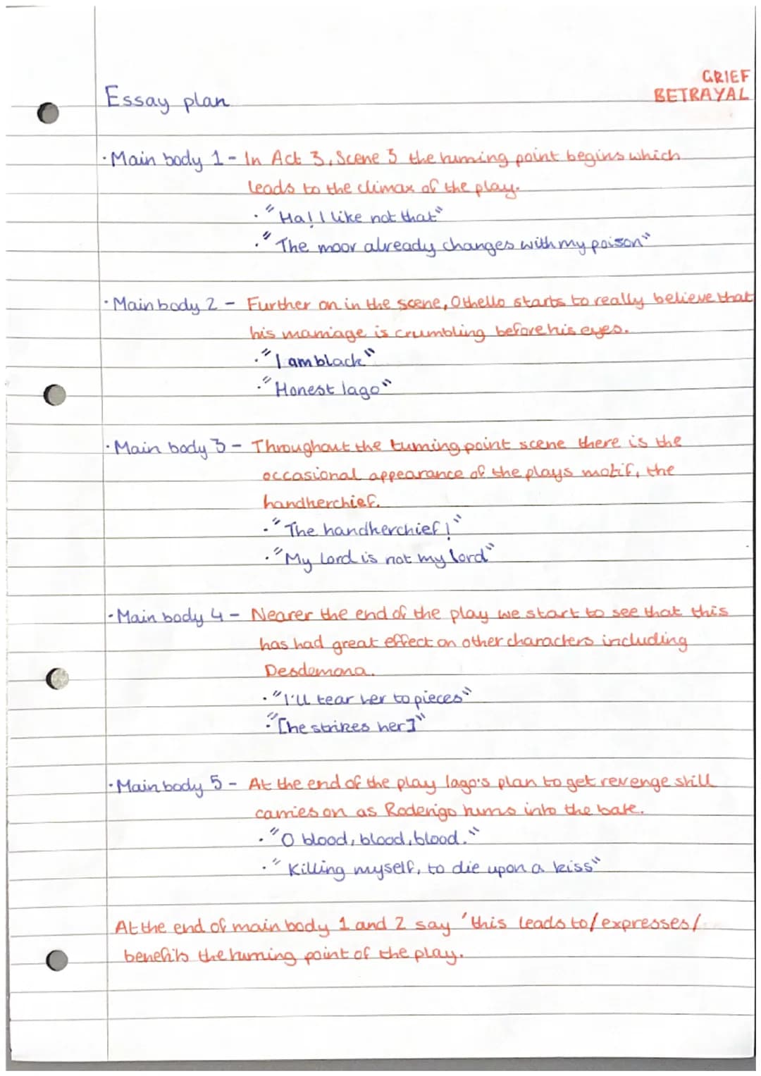 C
Essay plan
· Main body 1 - At the beginning of the play Othello and Desdemona
have a very loving relationship.
An old black ram is tupping