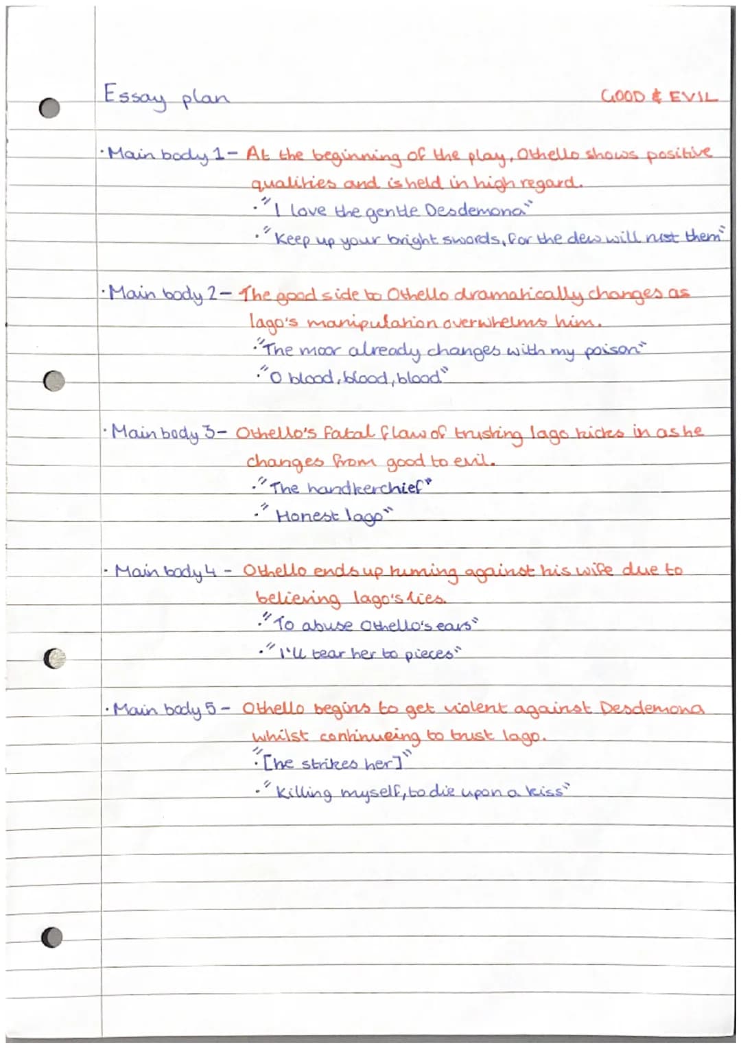 C
Essay plan
· Main body 1 - At the beginning of the play Othello and Desdemona
have a very loving relationship.
An old black ram is tupping