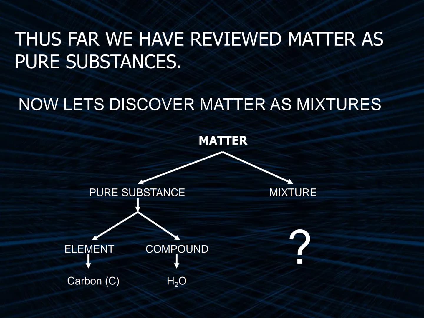 THUS FAR WE HAVE REVIEWED MATTER AS
PURE
SUBSTANCES.
NOW LETS DISCOVER MATTER AS MIXTURES
PURE SUBSTANCE
ELEMENT
Carbon (C)
MATTER
COMPOUND
