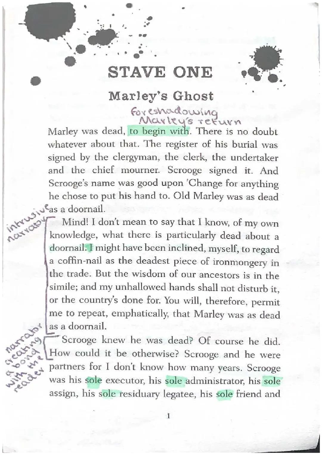 A Christmas Carol Stave 1 Annotations and Summary - Marley's Ghost and Scrooge's Character