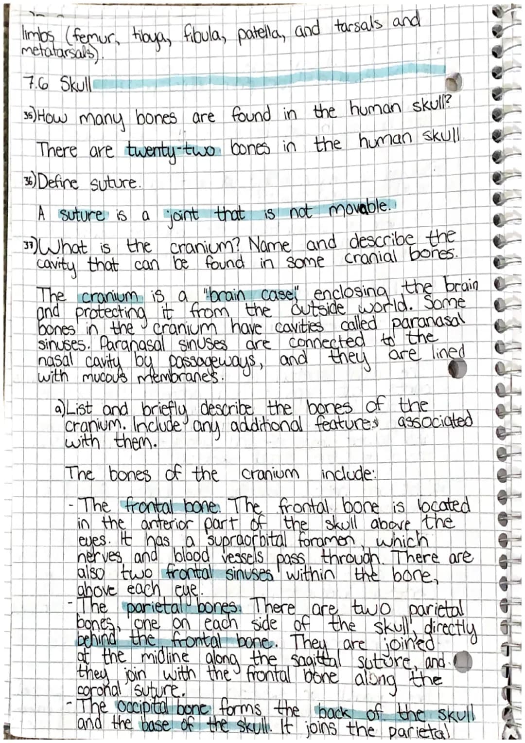 00
Chapter 7: Skeletal System
7.1 Introduction
1) List the living tissues in bone.
Bone tissue cartilage, dease connective tists tissue,
blo