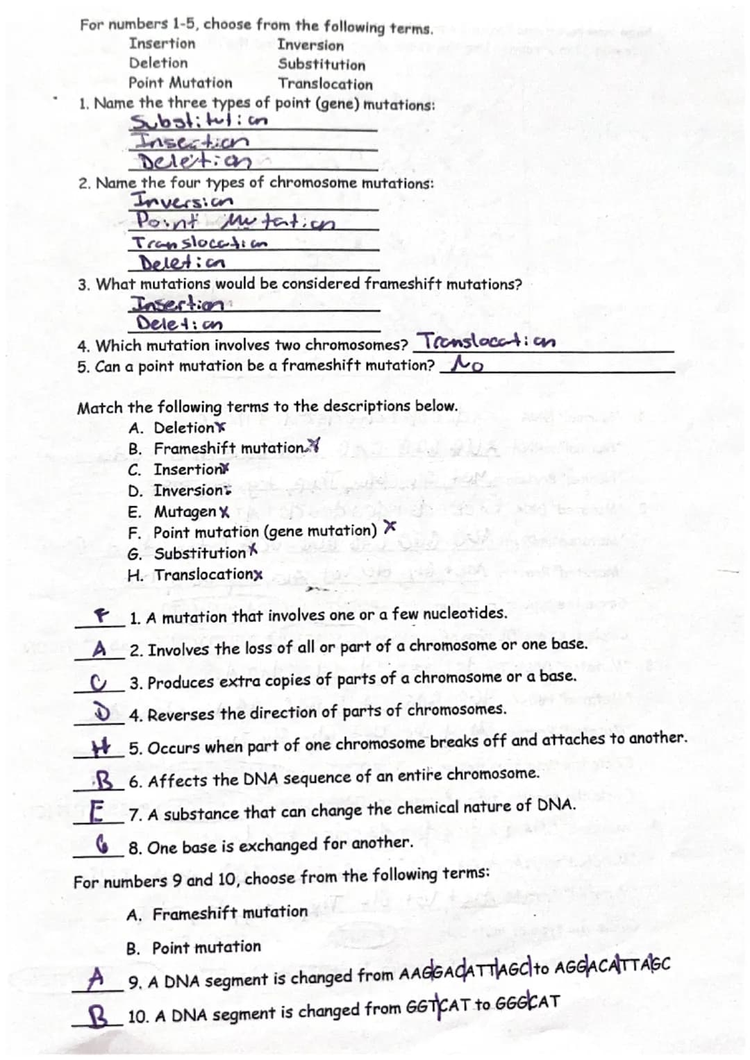 Mutations Worksheet
Part 1: Gene Mutations
In the chart below, transcribe the DNA sequence into mRNA. Then use the codon
chart (below) to in