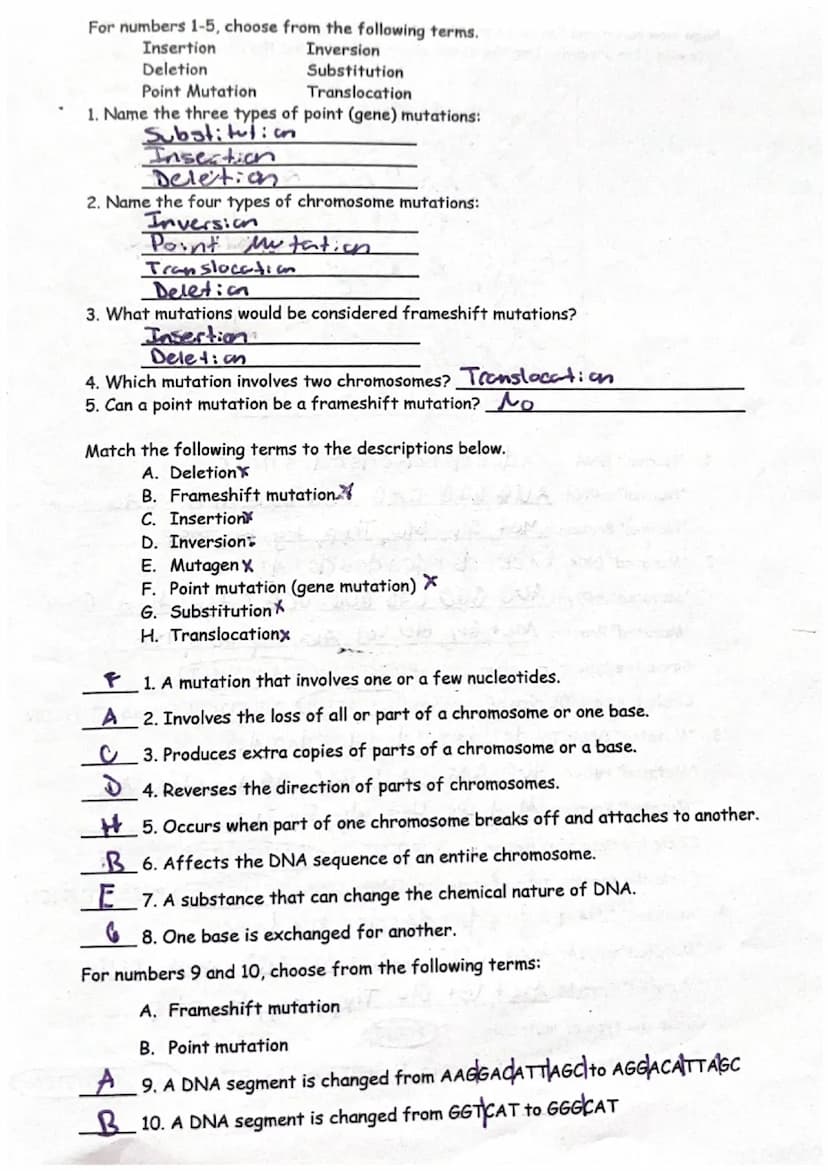 Mutations Worksheet
Part 1: Gene Mutations
In the chart below, transcribe the DNA sequence into mRNA. Then use the codon
chart (below) to in
