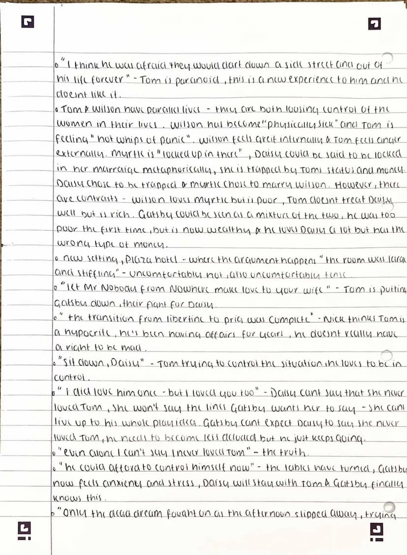 G
!G
Gatsby - Chapter 7
6 key scene, Plaza hotel, Myrtles death, death of Gatsbys circum.
o "the next day was broilling" - pathetic fallay, 